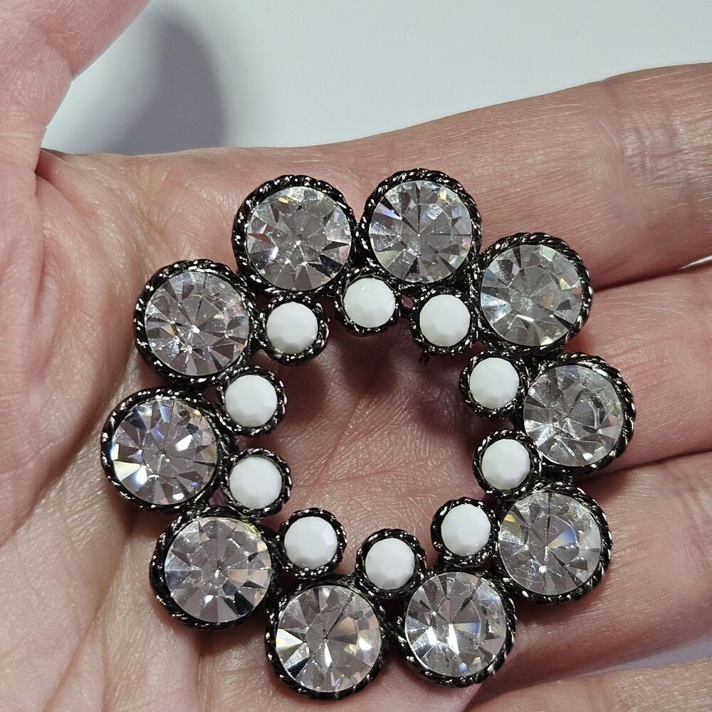 Vintage Dark Silver Tone Metal Clear & White Rhinestone Open Circle Pin Brooch